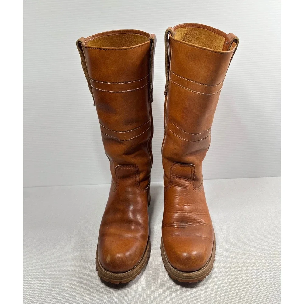Vintage Tall Leather Pull On Boots Mens 8.5 Tan Good Vibram Lug Sole Work Moto